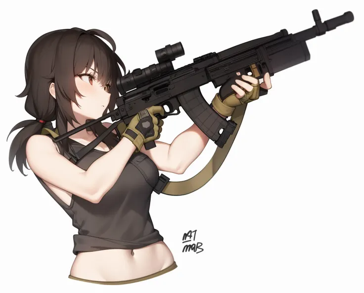 cartoon image of a woman, holding a rifle and pistol, with rifle, holding pdw, wielding an assault rifle, quiet from metal gear ...