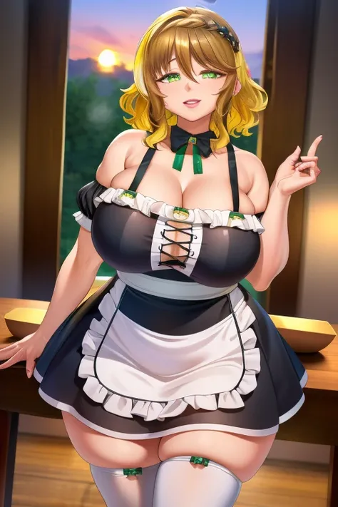 amicia michella - nijisanji, 1girl, (((bimbo))), brown short hair, yellow inner hair, wavy hair, green eyes, detailed eyes, (((bimbo))), thin lips, painted lips, shy smile face, wide hips, thick thighs, huge round ass, shiny oily breasts, maid dress, full ...