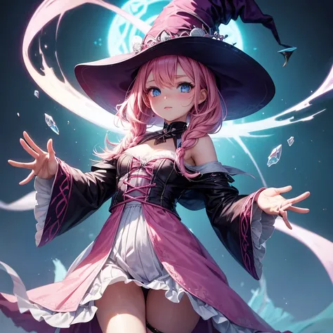 Make a girl with pink hair and light blue eyes a witch.