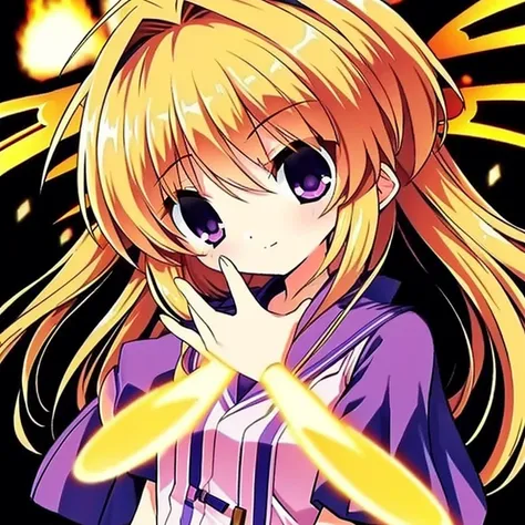 (masterpiece, best quality, ultra-detailed), retro anime, 2000s anime, 2000s anime, 2000s inspired anime, 1girl, golden hair, purple eyes, gold, golden, glowing, mechanical arms, fire, (halo), black background,