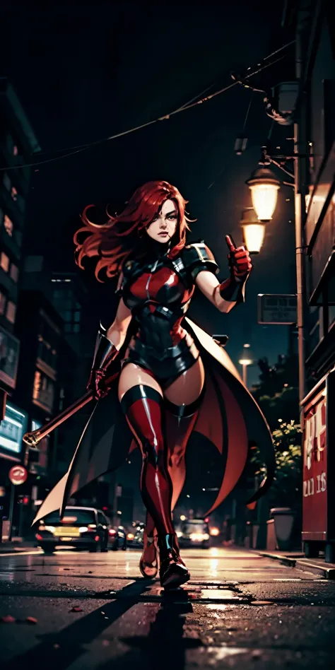 Posing, attacking, red leather, red hair, hair, mask around eyes, superhero, dark background, red lights, fullbody, drumsticks