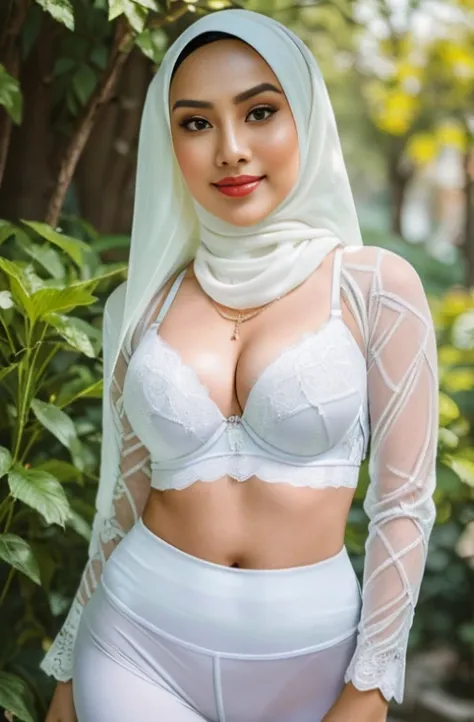 RAW, Best quality, high resolution, masterpiece: 1.3), beautiful Malay woman in hijab,Masterpiece, perfect slim fit body, (big breastig gorgeous eyes, Soft smile, wear a white lace bra and a tight transparent legging, necklace, shairband, afternoon walk, C...