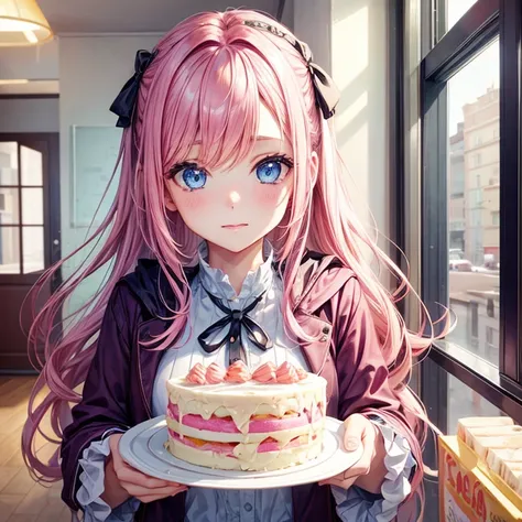 A girl with pink hair and light blue eyes、let me eat cake