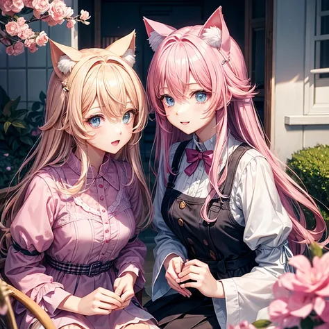 Two girls with pink hair and light blue eyes、With cat ears