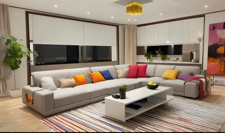 Living room with a large sectional sofa and a coffee table, Conversation well, large sofa, White L-shaped sofa, inspirado em Samuel Silva, alguns travesseiros amarelos arenosos, inspired by Sándor Bihari, vibe da sala de estar, Sala de estar, areia - pared...