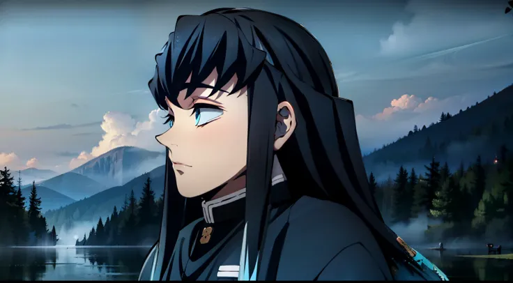 close up, ember, black hair, Ghost, Dark, gotik, ........................3d, Ultra Detailed, blue transparent smoke around, realistic style, Old Night Pond, full - body, Man in black robe, Tying your hair、Sword in hand.Kasumi、Fog in the background、haze in ...