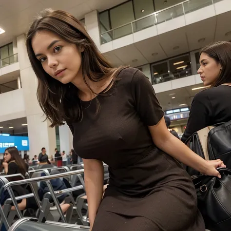 Woman in dark brown hair touching her neck and waist 22 years old c cup wide hips slim waist, rasgos griegos con vestido negro riendo, cara fina mirada inocente, en el aeropuerto esperando a su familia de manera distraida sin mirar a la camara de espaldas