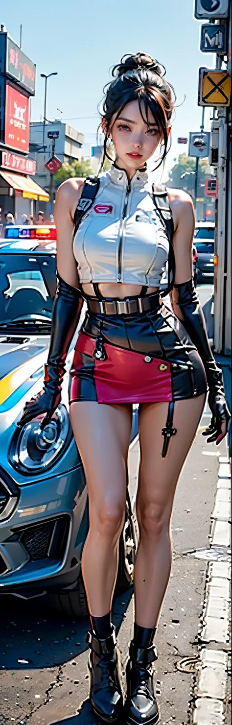 best qualtiy, tmasterpiece, A high resolution, ((full body visible)), 1girl, straight standing, Woman body defined thighs, cybernetic body parts, Short neon underwear, ((wearing Futuristic Police Racing Suits, low-mini-skirt, police wappen, High-tech Heads...