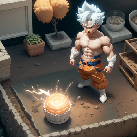 Goku, super saiyan, exquisite hair, arm depiction, white and blue hair body, exquisite shoes, eye depiction, exquisite hair, popmart blind box, clay texture, stepping on the land, black and white background, natural lighting, most good quality, super detai...