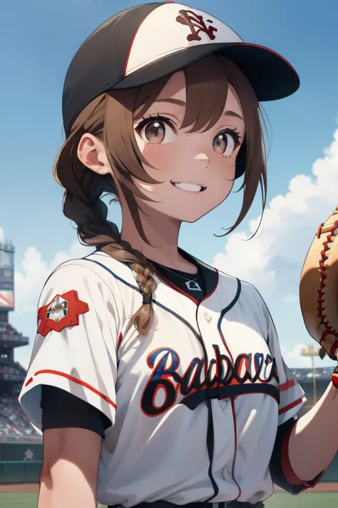 ((Pale brown hair)),((Braided shorthair)),((With black eyes)),Slight red tide,(Baseball Uniforms:1.5),outdoor baseball field,Happy smile,(Holding a baseball in your hand:1.25),(blue and white color uniform:1.05),(Clear blue sky:1.2),(Pleasant breeze:1.25),