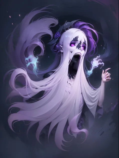 A ghost with purple skin, spikes, and spiky purple hair, giving it a distinct and eerie appearance. It has a fanged grin that adds to its sinister aura. The ghost has floating hands, which add to its ethereal presence. It is dressed in a dark purple dress,...