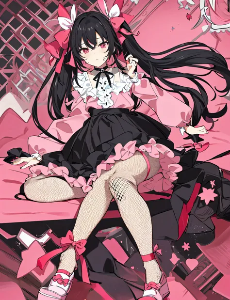 masterpiece, best quality, (jirai_kei),1girl, solo, long_hair, looking_at_viewer, shirt, black_hair, long_sleeves, bow, ribbon, twintails, sitting, monochrome, hair_bow, heart, pantyhose, frills, food, shoes, choker, blunt_bangs, black_skirt, pink_eyes, st...