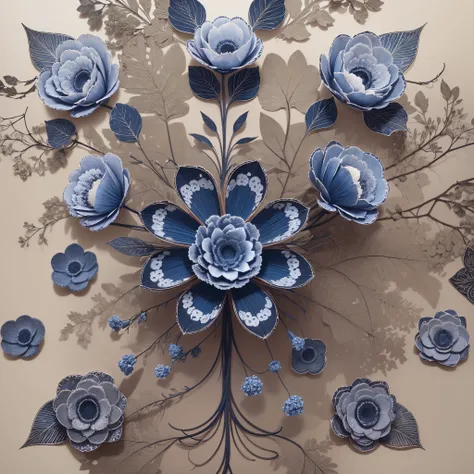 Create an image of a detailed and elegant blue floral pattern on a white background. The design should be reminiscent of classic blue and white porcelain, with a variety of ornate flowers, leaves, and stems intricately intertwined. The artwork should be sy...