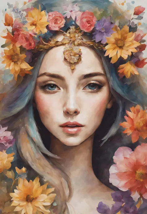 Girl wearing a crown made of blooming flowers, Reflecting the harmony between nature and human creativity.,