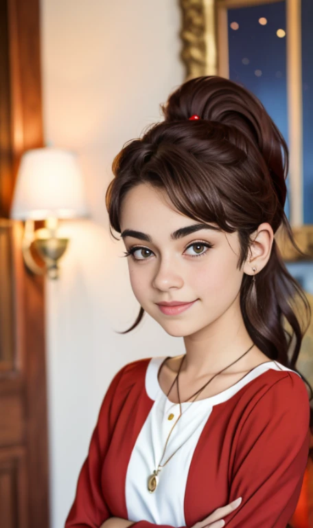 Photo of a 14 year-old american girl, .RAW, beautiful teenage girl, (Long brown hair with ponytail), light brown hair ponytail hairstyle((retrato)), ((Cara detallada:1.2)), ((Detailed facial features)), (Piel finamente detallada)  , (Masutepiece) (proporci...