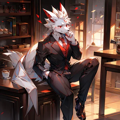 white male Furry red eyes business suit Solo person in coffee shop