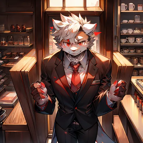 white male Furry red eyes business suit Solo person in coffee shop