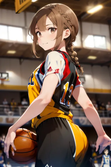 ((pale brown hair)),((braided shorthair)),((with black eyes)),slight red tide,(basketball uniforms:1.5),indoor basketball court,...