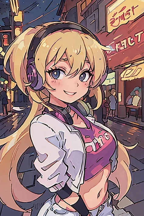 Anime stylish girl with headphones, Blonde short, a smile, Night Street, 1990s anime