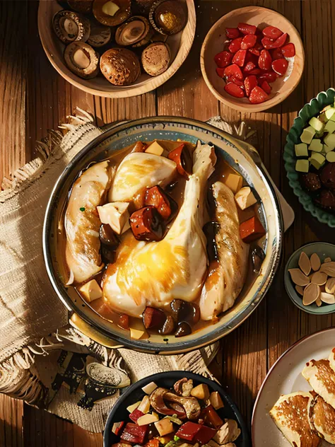 Stewed chicken，There are many ingredients on the plate，On a table