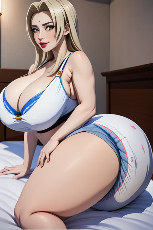 Tsunade Senju, 1 girl, ((bimbo))), long blond hair, cute smile face, puffy lips, painted lips, thick lips, wide hips, thick thighs, huge ass, craving lust face , enormous huge natural breasts, cleavage, mature mom, white bra, enormous bloated diaper, in my...