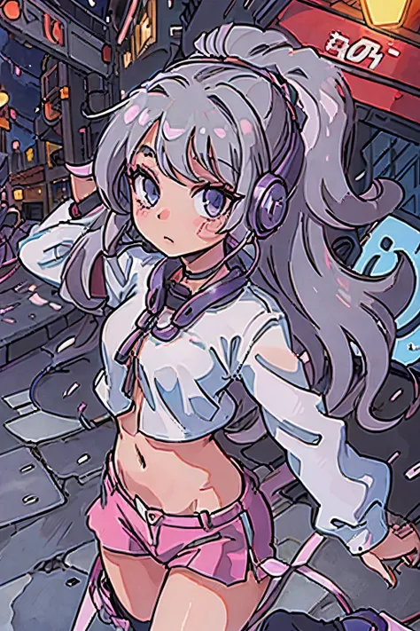 Anime stylish girl with headphones, Navel, Night Street, 1990s anime、 silber hair