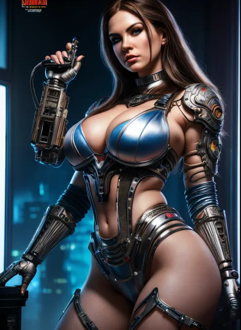 Alison Tyler as a erotic beautiful cyborg, parted lips, holding a futuristic big pen in your hands, a little tattoo stylized of parrot on your arm, beautiful body, busty, sci-fi, futuristic, dystopian, machine parts, body parts, wires, circuitry, highly de...