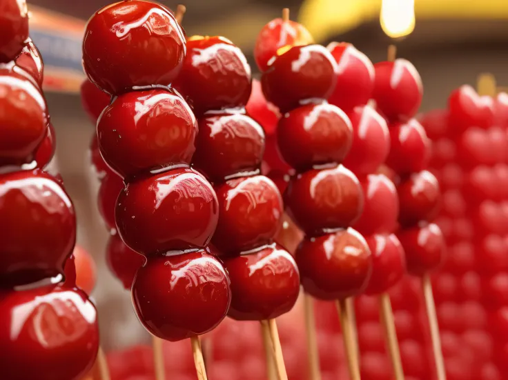 There are many red apples on the stick on the table, lollipop, cherrie, Sugar apples, Sweet, desserts, cherry explosion, skewer, cherrie, made of lollypops, lollipop, Sugar sugar, honey, Candy and Snacks, glazed, caramel, those fruits, Market B, HM, Crushe...