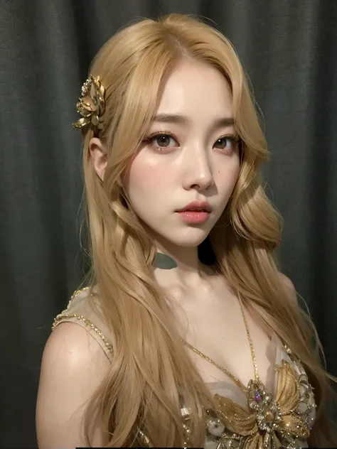 un primer plano de una mujer con cabello largo y rubio con un vestido dorado, Yanjun Chengt, Modelo IG | Artgerm, realista. Cheng Yi, inspirado por Yanjun Cheng, Retrato de Kim Petras, Retrato de Jossi de Blackpink, Guweiz, Jinyoung Shin, Jaeyeon Nam, pale...