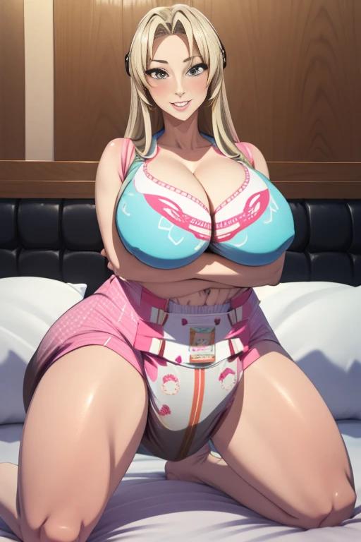 Tsunade Senju, 1 girl, ((bimbo))), long blond hair, cute smile face, puffy lips, painted lips, thick lips, wide hips, thick thighs, huge ass, craving lust face , enormous huge natural breasts, cleavage, mature mom, white bra, enormous bloated swollen about...