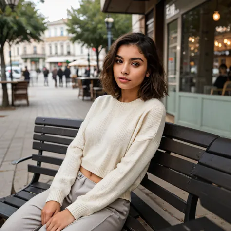 Latina thin model with wolfcut hairstyle , cautivating eyes, siting on a bench on a cafe background, with a sweater and pants