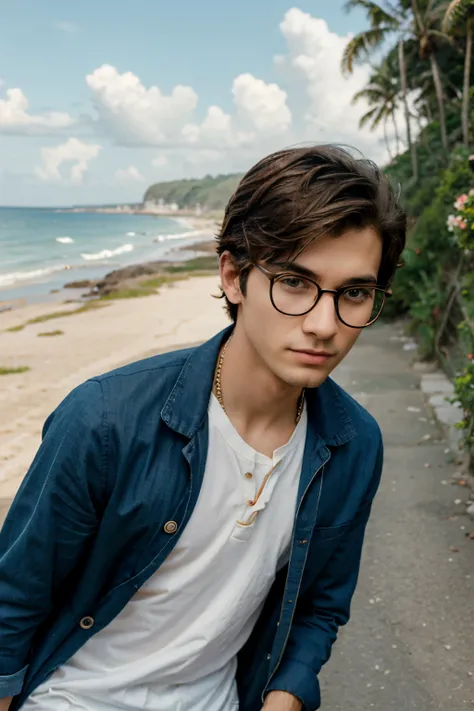 Cartoon boy thin and beautiful wearing glasses and beautiful classic clothes to be setting near to beach And flowers beautiful natural seen and a reel