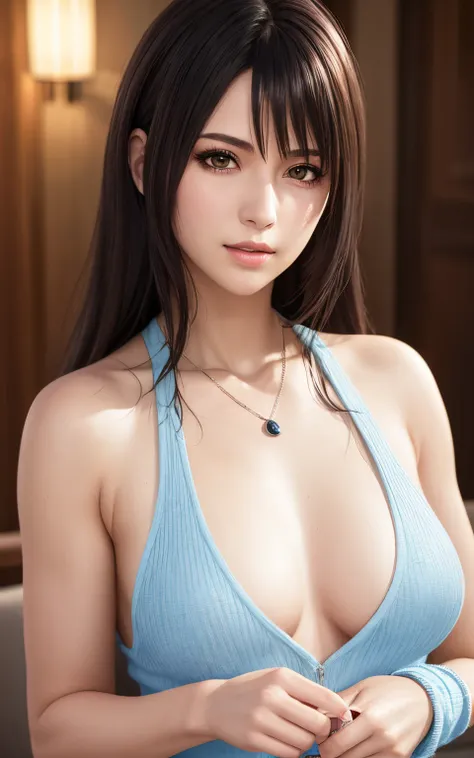 rinoa, blue duster, blue wristbands, holding necklace, portrait body, black panty, unparalleled masterpiece, ultra realistic 8k CG, perfect artwork, clean, beautiful face, pure face, pale skin, intricate detail, prestige, gorgeous, luxury, fancy ballroom