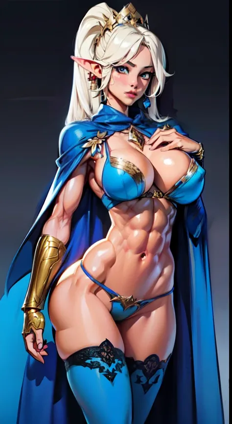 extremely long hair , ponytail, perfect anatomy 1 girl tall solo, slim thick,  ((muscular)) high elf toned body, silver breast plate, blue cape, slendered abs, hourglass waist, detailed face, defined cheekbones, puffy lips, gauntlets, gold crown, shadow ov...