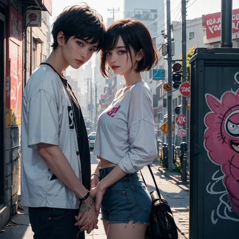 1 girl with boyfriend, serene expression, mesmerizing blue eyes, small boobs, short hair, streetwear, graffiti fashion, graffiti, poised posture, porcelain skin, subtle blush, masterpiece, best quality, 2others, couple, 1man with 1woman, mature, , Height d...