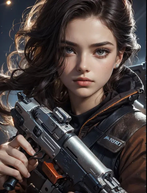 Upper body close-up image. A beautiful woman holding a small, silver ray gun. Nineteen years old. Dark brown hair. modern clothing. The location is reminiscent of Mars.