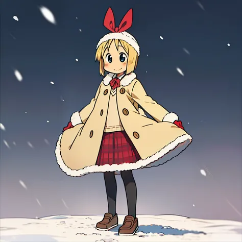 Haruna Annaka, blonde, short hair, big red ribbon on head, high school student, beautiful drawing, full body, detailed background, smile, blush, beige coat,fluffy black gloves, flat chest, snow falling, winter, outside