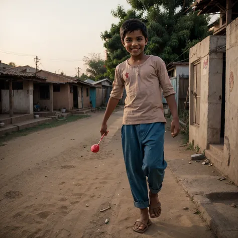 Dusk, Indian village kid wearing torn slippers and old half sleeve shirt and half pants holding a red lollipop with a huge smile on his face as he walks in a jumping manner