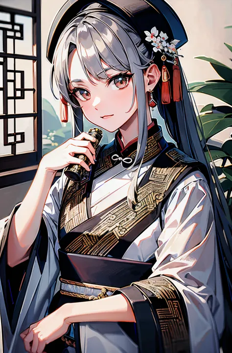 ancient chinese beauti，Hold the reel，White hair，tmasterpiece, ultra - detailed, Epic work, high high quality, Best quality，Rootless fingers