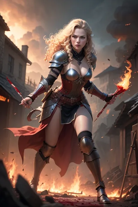 dnd art, dark fantasy, full-body shot, 1 beautiful viking warrior (long blonde curly hair:1.2, partial braided) with small breasts, beautiful face, leather viking armor, fighting against 1medieval knight enemy, (blood:1.5), dynamic pose, burning medieval v...