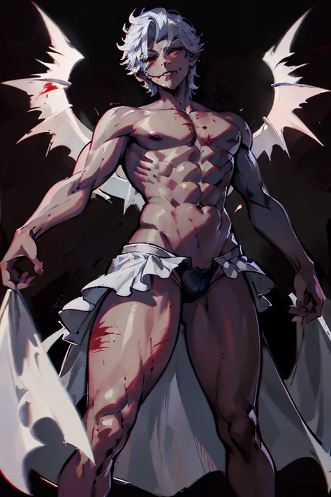 Astarion from Baldurs Gate 3, muscular male, vampire, shirtless, blood coming out of mouth, fangs, blank background, no background, full body, high res, best quality, ultrasharp, 8K, masterpiece