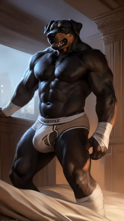 4k, high resolution, best quality, perfect colors, perfect shadows, perfect lighting, artificial lighting, full body shot, posted on e621, furry body, solo, anthro rottweiler, (black body, tan markings, black snout:1.3), male, (beefy, strongman, manly, bru...