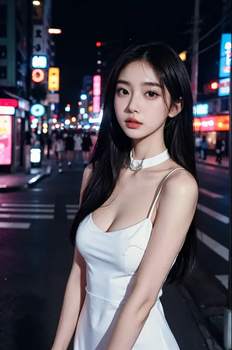 1girl, korean kpop idol and model ,23 years old,soft body, fair skin,close-up, 8k, RAW photo, best quality, masterpiece,realistic, photo-realistic,cute, Tokyo street,nightcityscape, cyberpunk city,soft light, High image quality, cut out dress, choker ,mix2