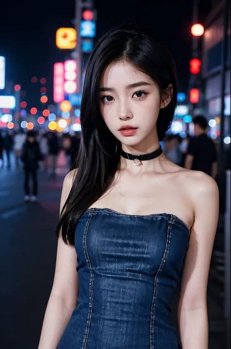 1girl, korean kpop idol and model ,23 years old,soft body, fair skin,close-up, 8k, RAW photo, best quality, masterpiece,realistic, photo-realistic,cute, Tokyo street,nightcityscape, cyberpunk city,soft light, High image quality, cut out dress, choker ,mix2