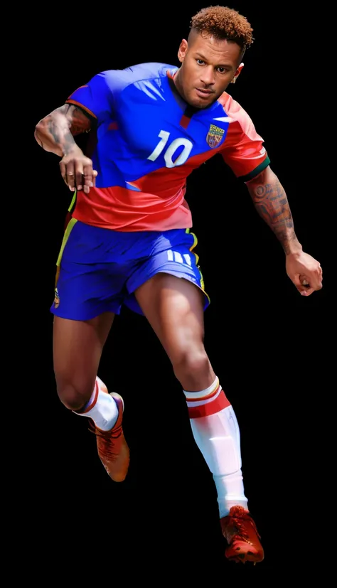 (Best quality at best,8K,ultra - detailed,actual:1.2),French and German football players wearing blue and red, lionel messi portrait, Official artwork, soccer player, spray coating, Game rendered, high res render, art for the game, Neymar in Grand Theft Au...