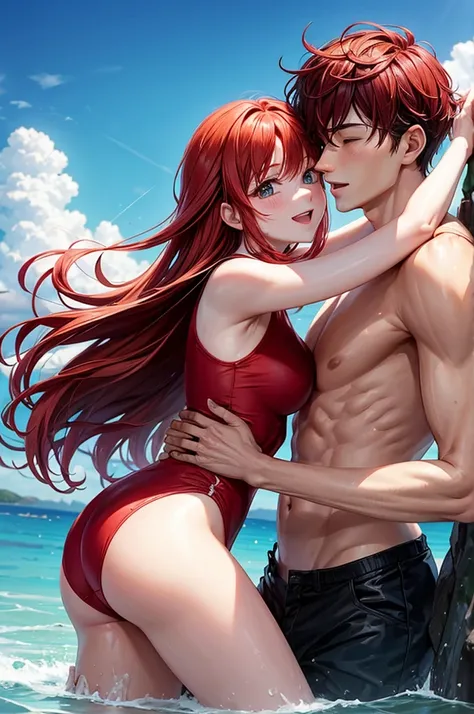 One woman, one man, red hair, wearing swimsuits, hugging each other at the sea.