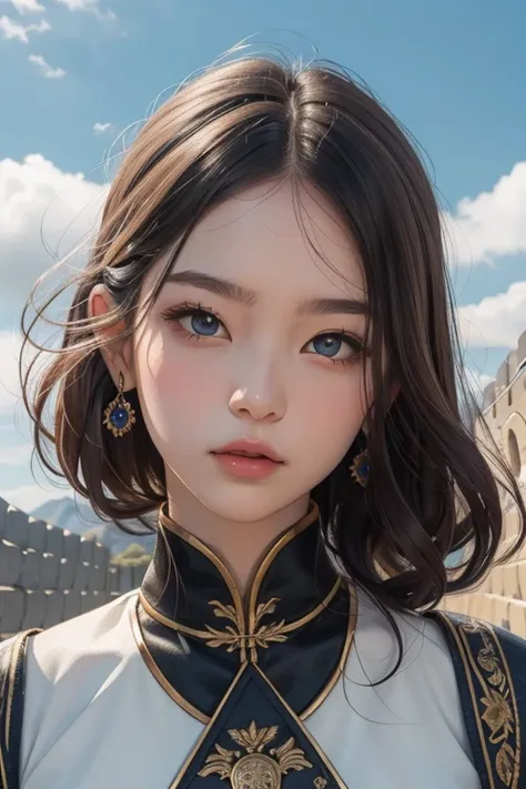 girl perfect face，mid - length hair、to the shoulder、Biaig eyes、with a round face、Slightly rolled sky Great Wall，Flying Eagle Party Emblem Great Wall