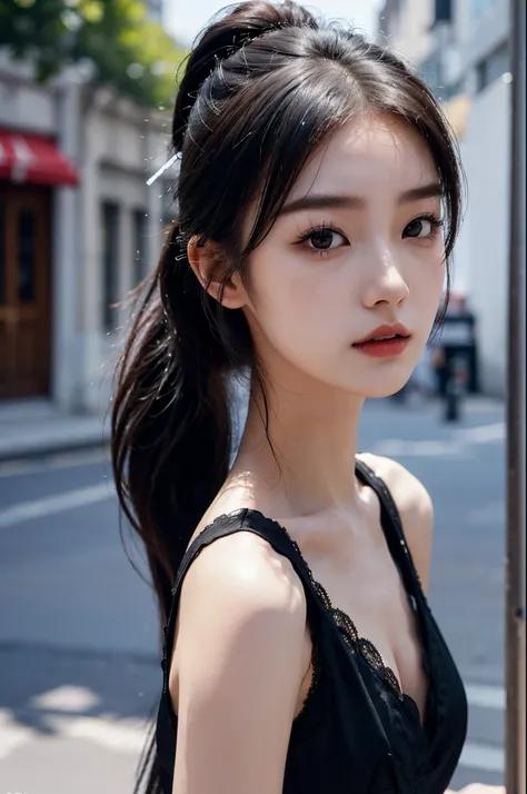 1girl, slender korean kpop idol and model ,ponytail hairstyle ,23 years old,soft body, fair skin,close-up, 8k, RAW photo, best quality, masterpiece,realistic, photo-realistic,cute, street, summer ,soft light, High image quality,( black elegant lapel cutout...