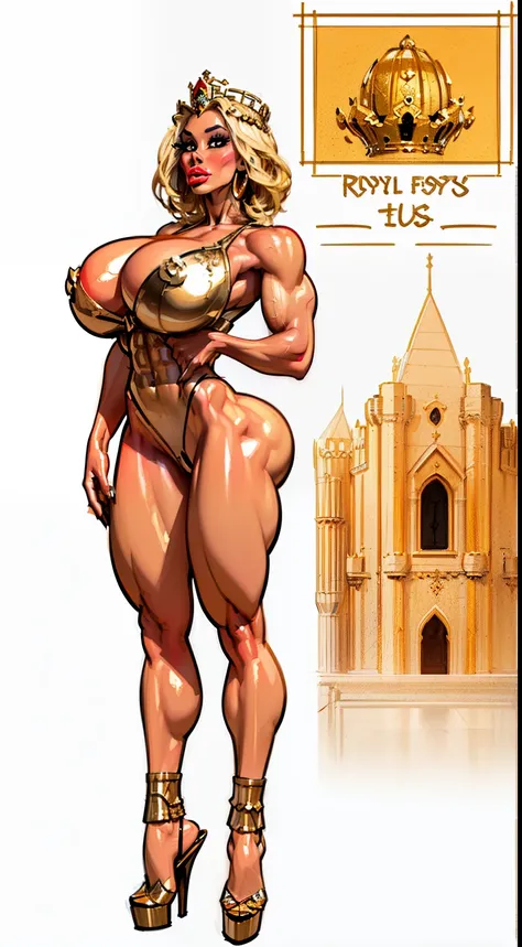 ((side profile)), ((full body view:1.4)), ((masterpiece)),(((best quality))), ((egyptian empress, mature face)), ((big eyes:1.4)), (( crown:1.4)), (((british)), defined cheekbones, high cheekbones, illustration, ((muscular:1.3)), ((gold:1.4)), sexy bimbo, ...