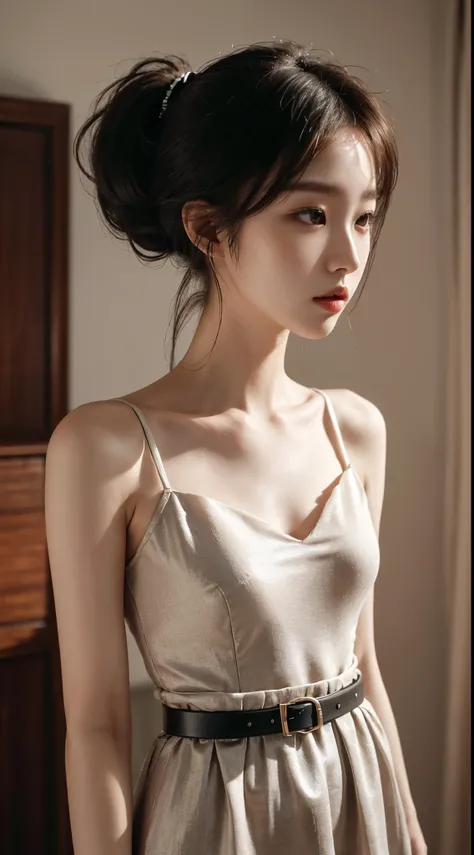 1girl, slender korean kpop idol and model ,ponytail hairstyle ,23 years old,soft body, perfect breast, fair skin,close-up, 8k, RAW photo, best quality, masterpiece,realistic, photo-realistic,cute,mansion , summer ,soft light, High image quality,( fashion O...